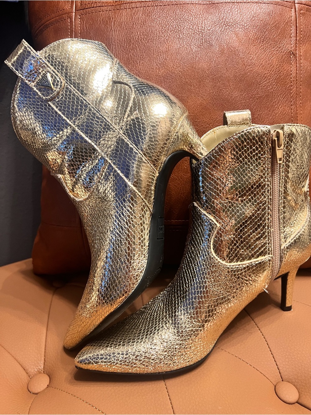 Guess Metallic Gold Snake-Effect Pointed-Toe Ankle Boots
